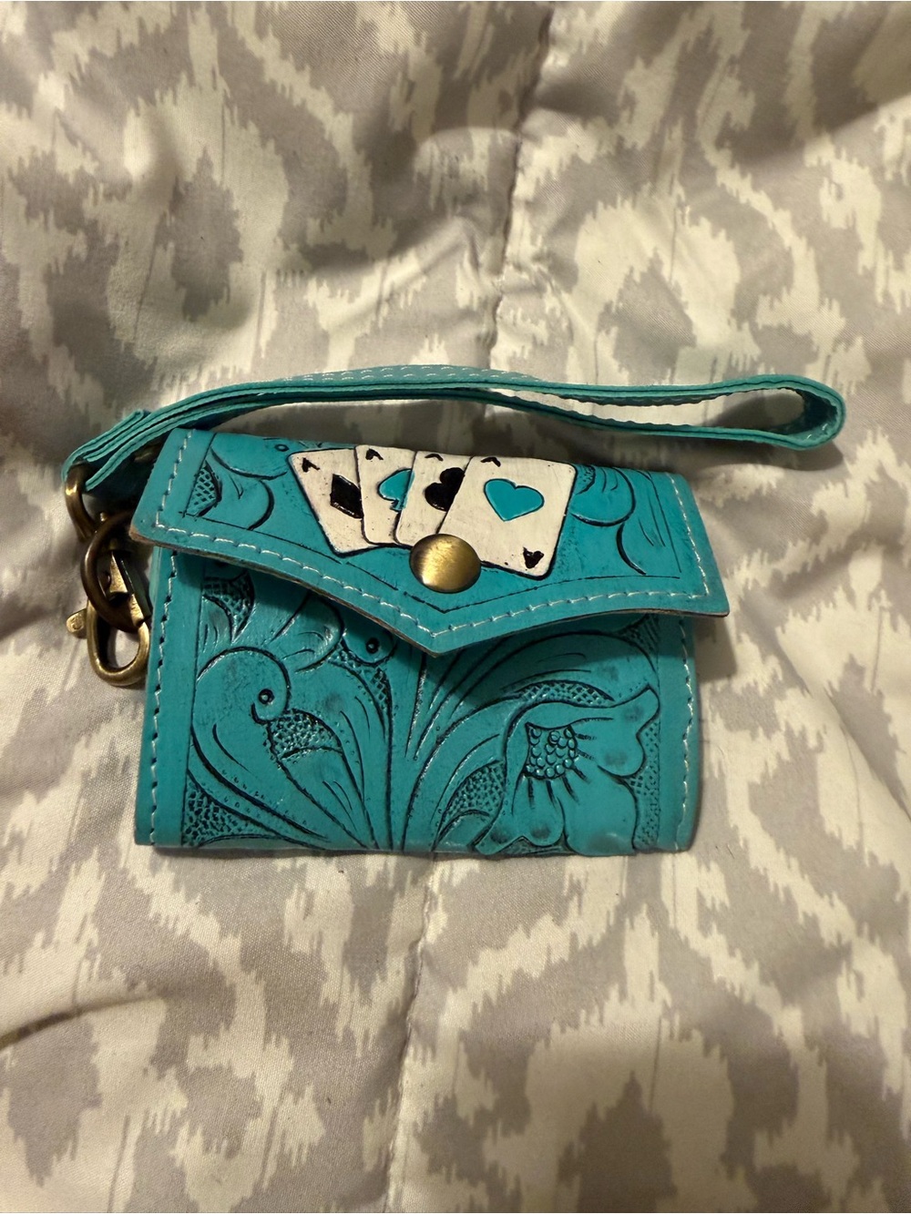 Turquoise Embossed Leather Wristlet Card Case with Playing Card Accent